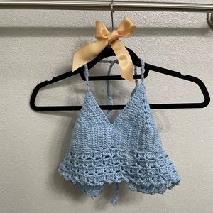 Handmade crochet blue cropped halter top
